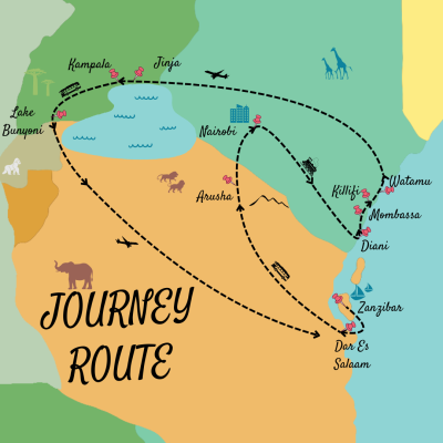 A map of East Africa with a journey route marked across Tanzania, Kenya, and Uganda